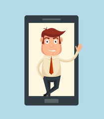 Businessman character show smart phone. Vector flat cartoon illustration