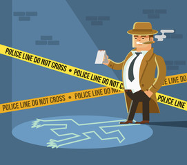 Detective at crime scene. Dead body. Vector flat cartoon illustration