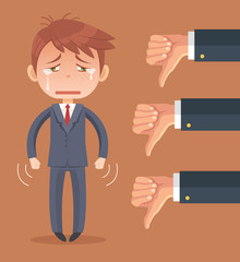 Sad businessman character and many hands with thumbs down. Vector flat cartoon illustration