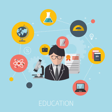 flat design concept icons for education. Modern flat icons vector concept of high school object and college education items with teaching and learning symbol