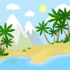 Cartoon prehistoric landscape. River, mountains and beach with palms and plants.