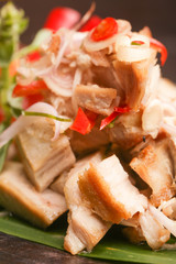 Pork belly pieces with vegetable, selective focus