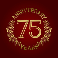 Golden emblem of seventy fifth anniversary. Celebration patterned sign on red.
