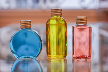 Perfume bottles Blue Red and Yellow