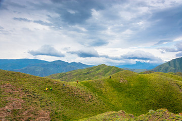 Tourists in the Aeolian mountains, Kyrgyzstan.