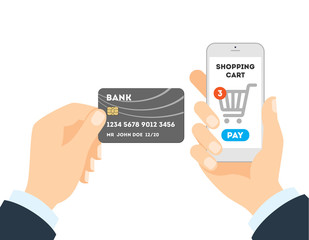 Online shopping with credit card. Easy payment for order with plastic card through internet.