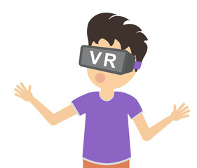 Man in vr. Amazed teen boy or adult man in vr glasses standing on white background. Augmented reality and cyberspace. Video game or 3D film.