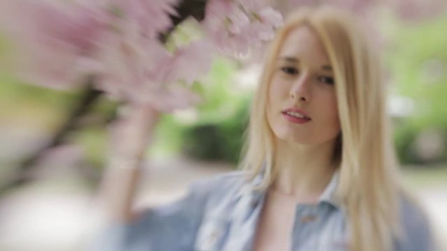 Attractive blonde girl in jeans jacket comes up to the blossoming cherry three and looks in camera, gives a cute smile. Female portrait. Outside shooting, spring time. Modern atmosphere.