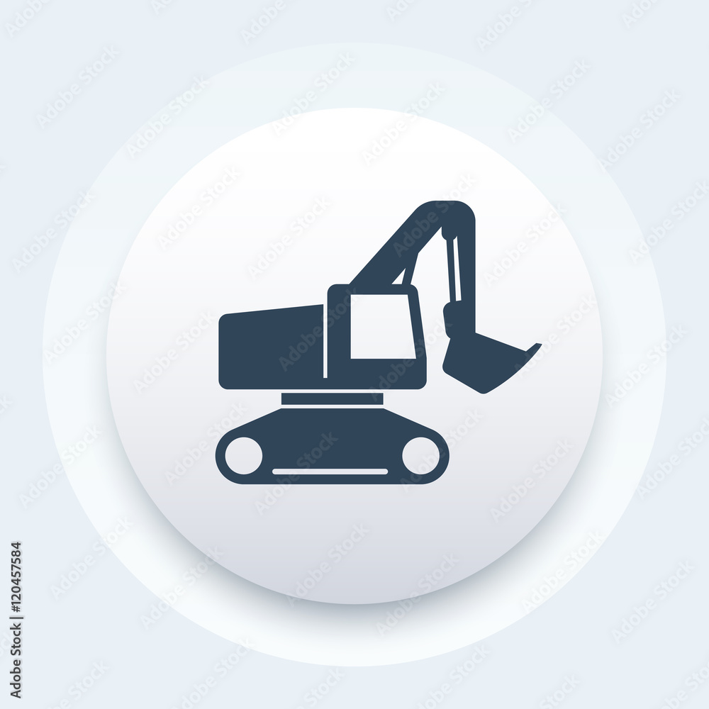 Sticker excavator icon, construction vehicle, vector illustration