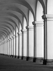 Row of column in colonnade. Perspective view of long arc vault corridor. Black and white image.