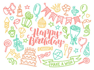 Colorful happy birthday party lettering and doodle set