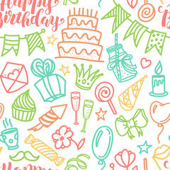 Birthday party lettering and doodle seamless pattern