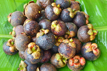 mango tropical fruit on fresh banana leaf