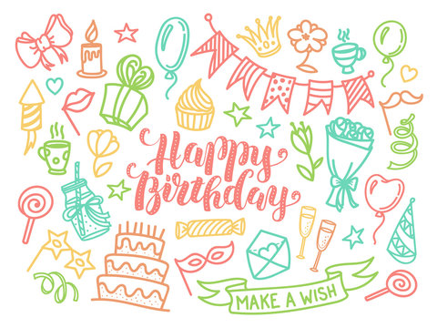 Colorful happy birthday party lettering and doodle set