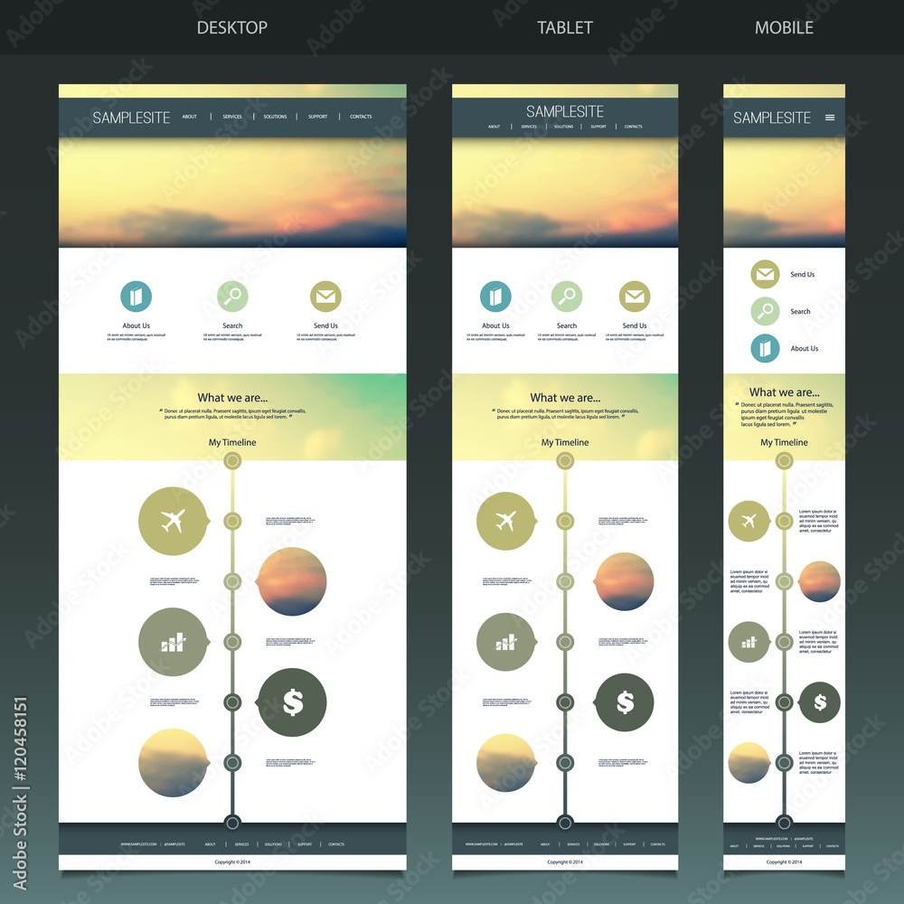 Wall mural one page website template with blurred background - sunset pattern header design - desktop, tablet, 