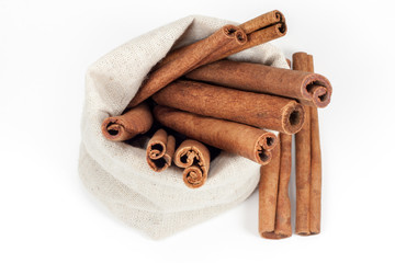 Bunch of cinnamon in canvas bag isolated on white background