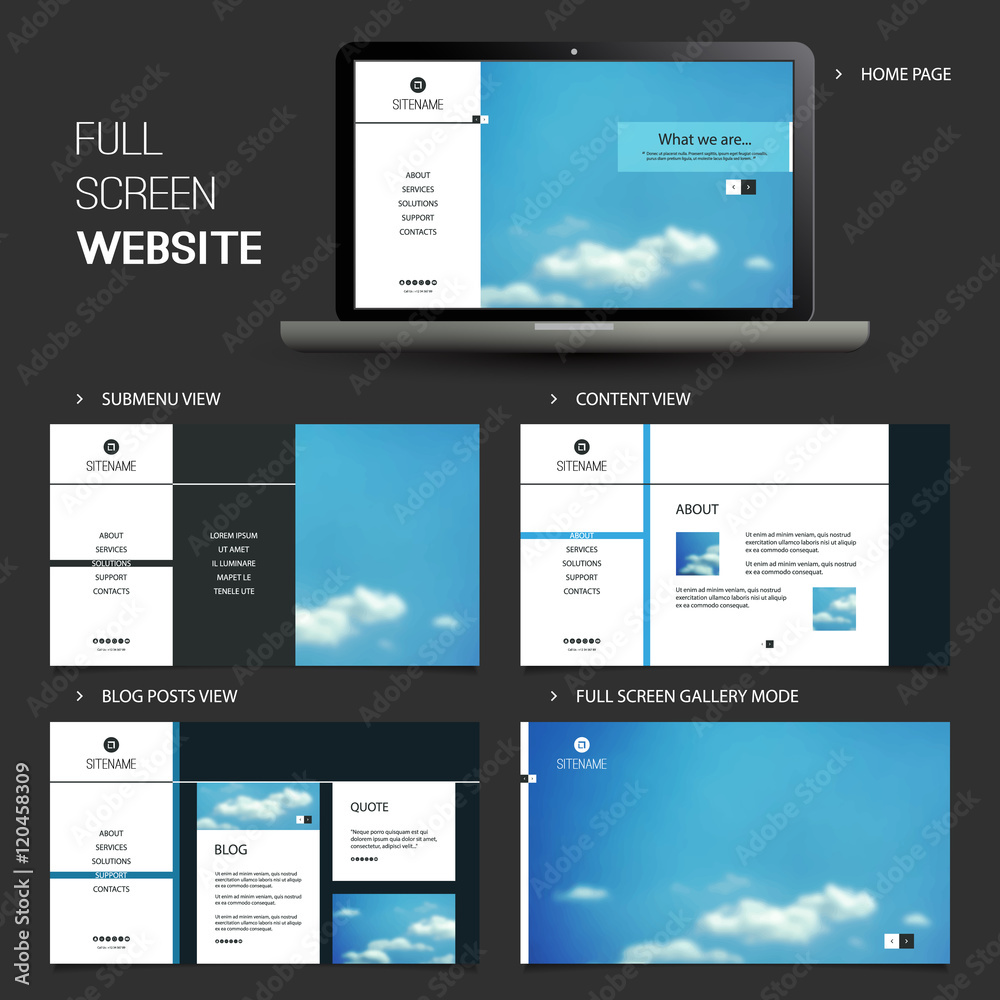 Wall mural full screen website template with blurred background - five different pages