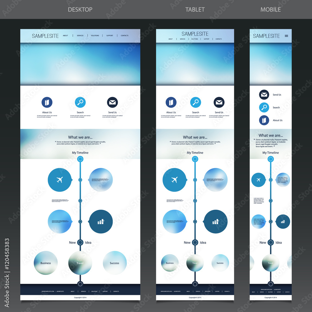 Wall mural one page website template and different header designs with blurred backgrounds