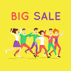 Sale. Discount. Shopping. Character. Black Friday crowd of people running to the store on sale. Flat design vector illustration.