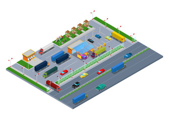 Isometric Road Highway Infrastructure with Fuel Station Truck Parking and Rest Area. Vector 3d Flat illustration