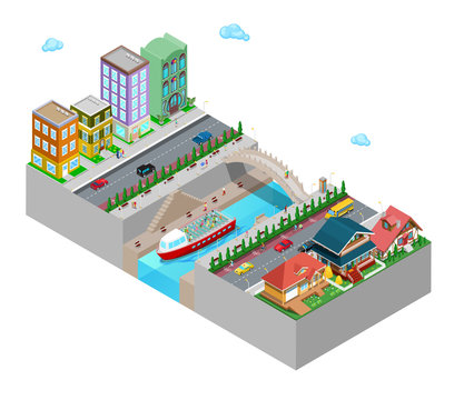 Isometric City View with Buildings Bridge Embankment and River. Flat 3d Vector illustration