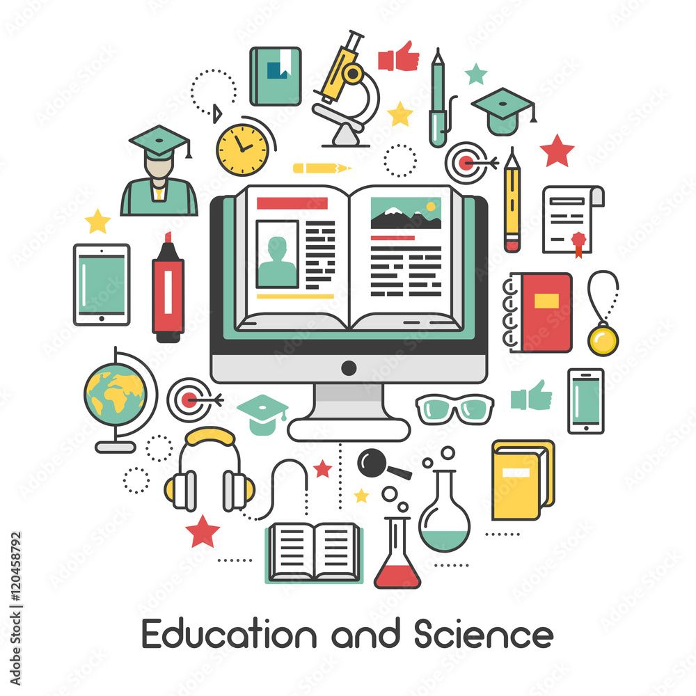Poster education and science line art thin vector icons set with computer microscope