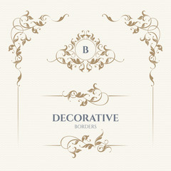 Set of monograms and borders. Graphic design pages.