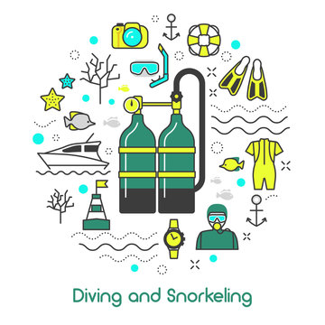 Diving Snorkeling Scuba Equipment Line Art Thin Vector Icons Set