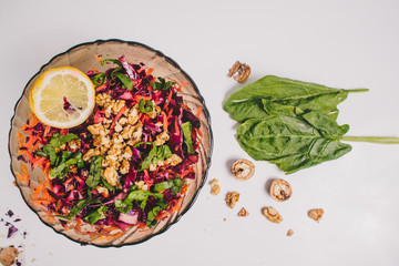 Vegetarian salad with purple cabbage.carrot.lay flat.