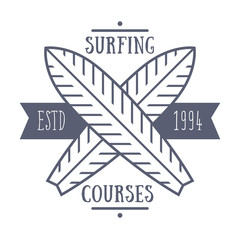 Surfing courses emblem on white, vector illustration