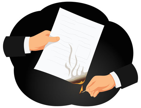 Hands of a businessman are burning on fire a contract. Matchstick and flame. Break of an agreement.