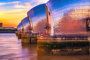 Thames Barrier in London at sunset