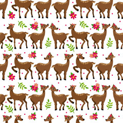cute vector seamless pattern with deer and flowers