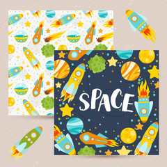 Set of space elements. Planets, moon, UFO, rocket, comet and stars