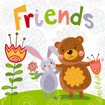 Cute bear and rabbit enjoying Friendship Day. Cartoon hand drawn illustration for your design.