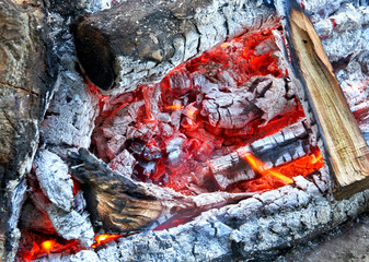 burning fire and coals closeup