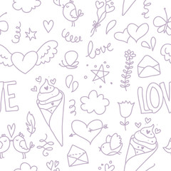 Doodle romantic seamless pattern with love, hearts and birds 