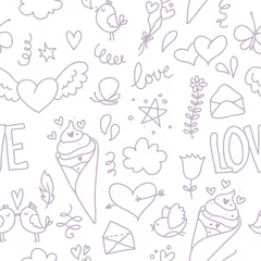 Foto op Aluminium Doodle romantic seamless pattern with love, hearts and birds  © martynmarin