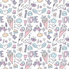 Doodle romantic seamless pattern with love, hearts and birds 