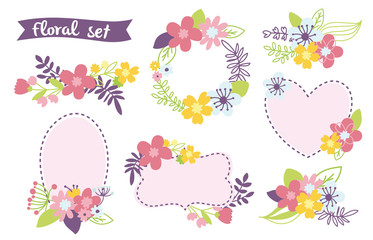 Romantic Floral hand drawn set. Vector illustration with frames. Wedding design