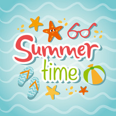 Summertime traveling template with beach summer accessories, vector illustration