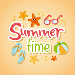 Summertime traveling template with beach summer accessories, vector illustration
