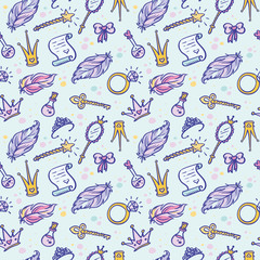 Hand-Drawn Princess Doodle Design Elements pattern. Vector seamless Illustration