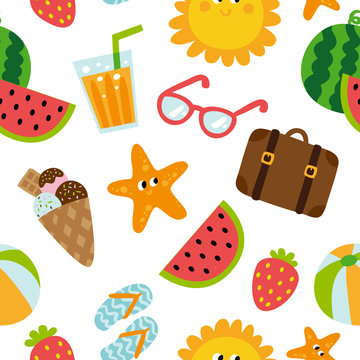 Summertime traveling seamless pattern with beach summer accessories, vector illustration