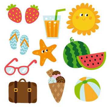 Summertime traveling template with beach summer accessories, vector illustration