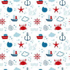 Cute Hand Drawn texture, marine theme design. vector seamless pattern. 