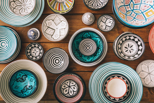 Plates and bowls on wooden table