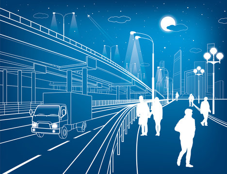 Automotive flyover, truck travels, architectural, infrastructure and transportation illustration, transport overpass, people walking, highway, white lines, urban scene, night city, vector design art