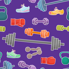 Sport equipment, healthy lifestyle elements. Seamless pattern with simple cartoon dumbbells, boxing glovers and sneakers isolated on white background.