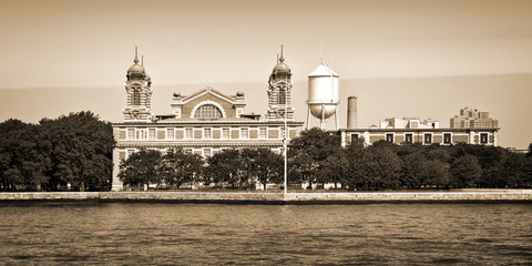 Panorama of Ellis island in New York City, vintage sepia process